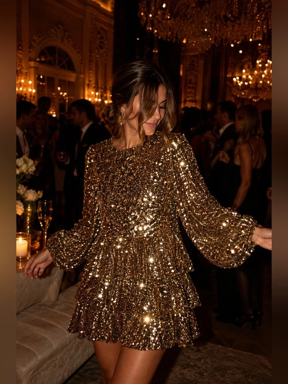 Antonio Melani Gold Sequin Ruffle Mini Dress Size 14 NWT
